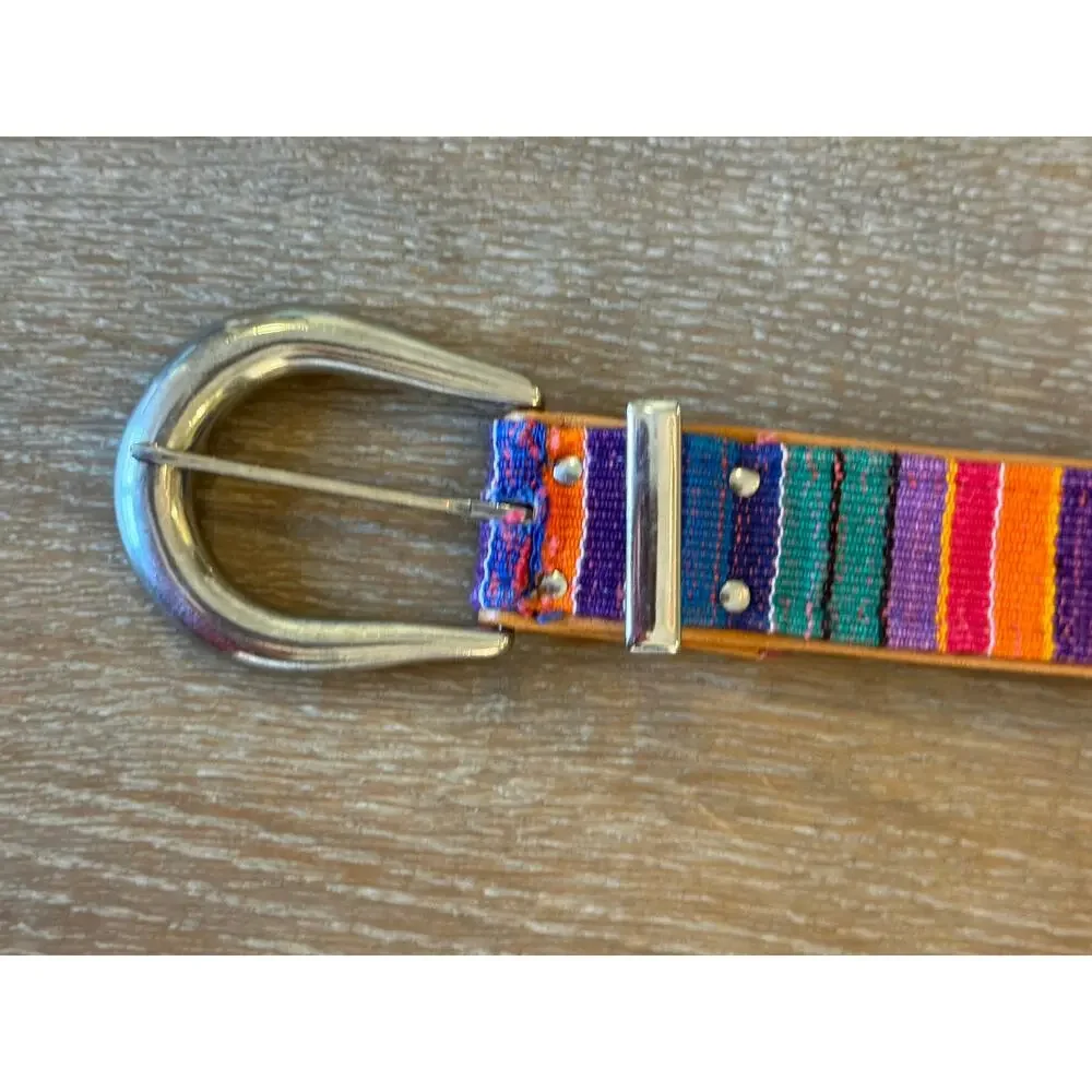 Vintage Bright  Multicolor Woven Leather-Backed Belt with Silver type Buckle